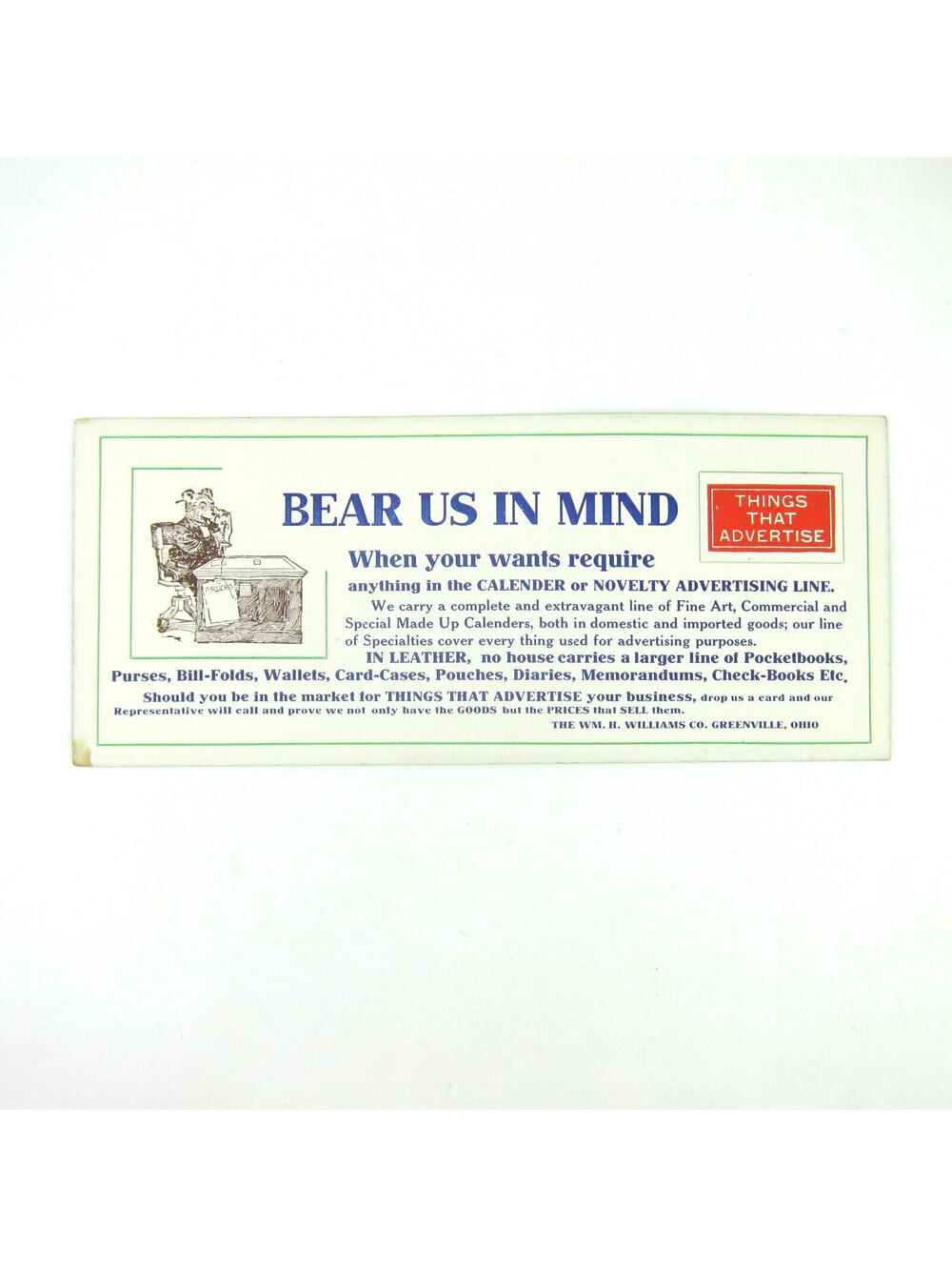 Vintage Advertising Ink Blotter William H. Williams Co Greenville Ohio Bear Desk